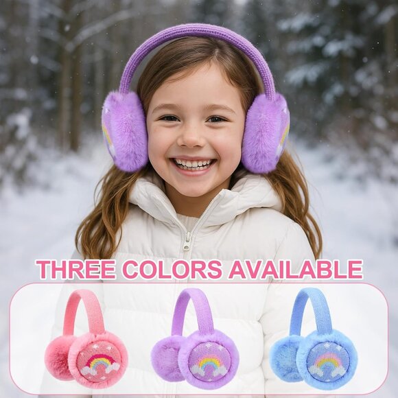 ⚡Kids Purple Knitted Rainbow Winter Outdoor Plush Adjustable Warm Ear Muffs - Picture 2 of 7
